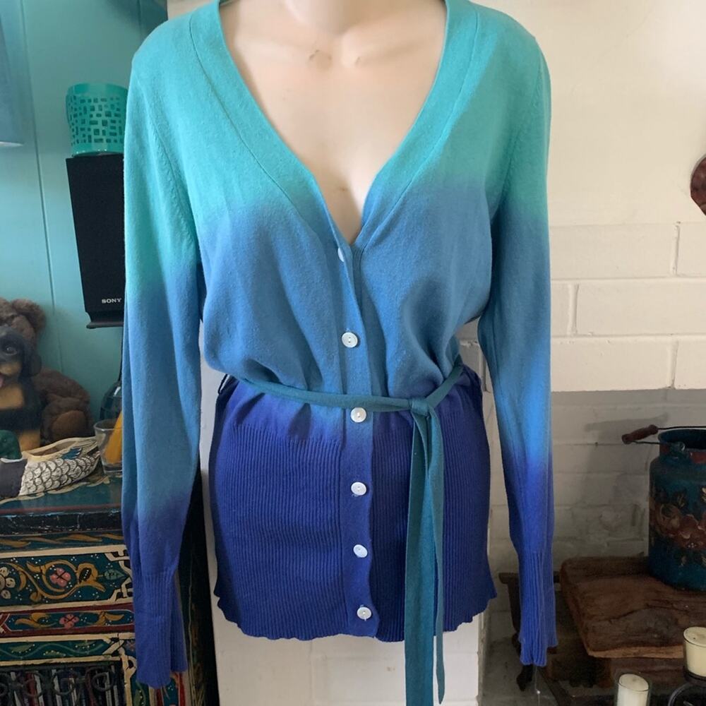 NWT VINTAGE Y2K OMBRÉ TURQUOISE AQUA DIP DYE LONG COTTON CARDIGAN SWEATER M